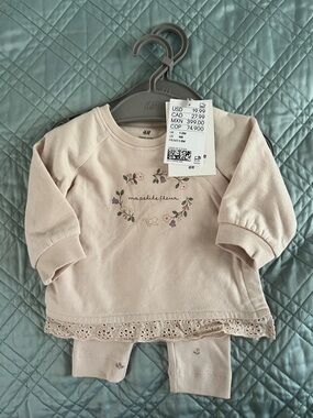 H&M Pale Pink Floral Lace-Trim Two-Piece Set- Organic Cotton